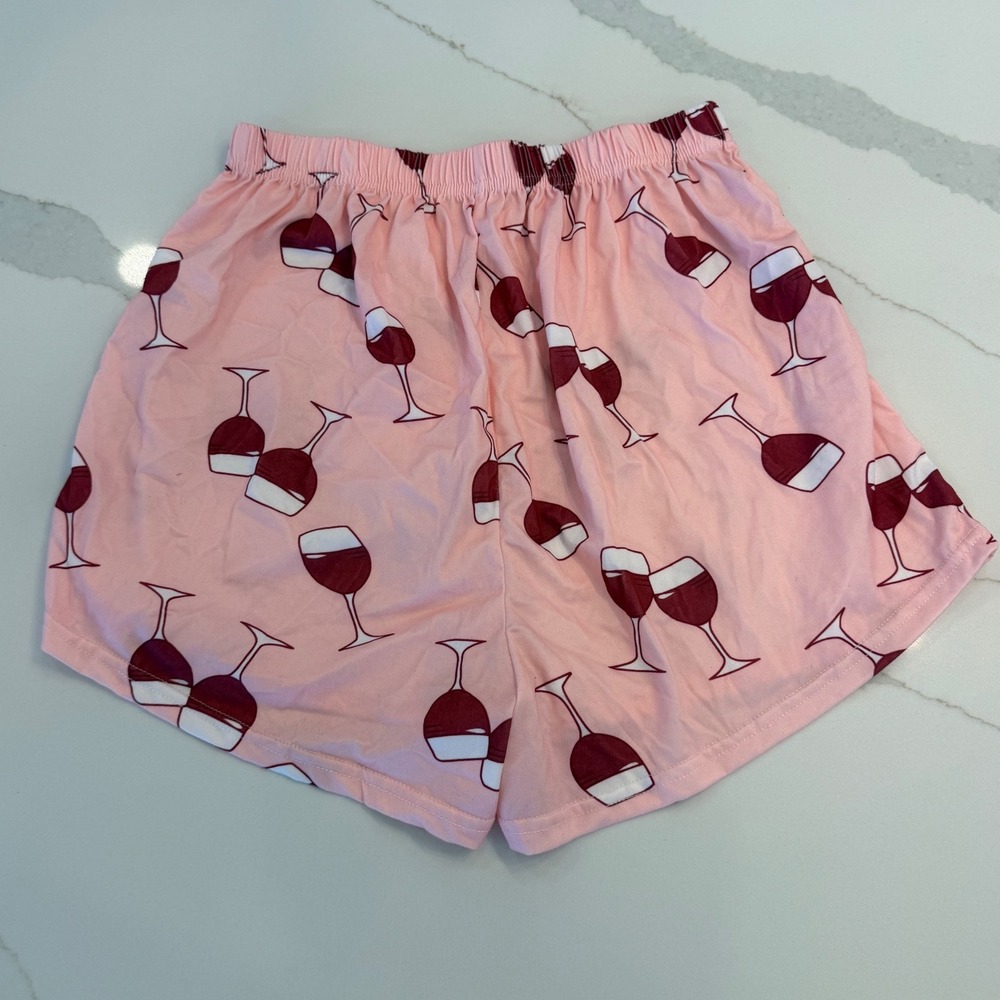Womens Pink Wine Glass Print Pajama Shorts Elastic Waist Loungewear Size L